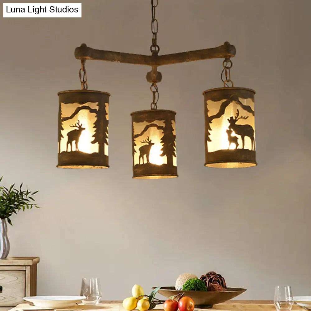 Rustic Metal And Fabric Chandelier Light With 3/6/9 Cylinder Lights Brown Pendant Lighting For