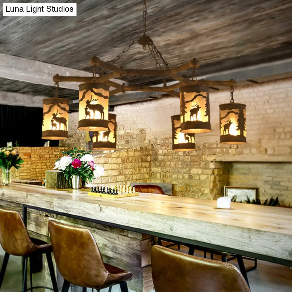 Rustic Metal And Fabric Chandelier Light With 3/6/9 Cylinder Lights Brown Pendant Lighting For