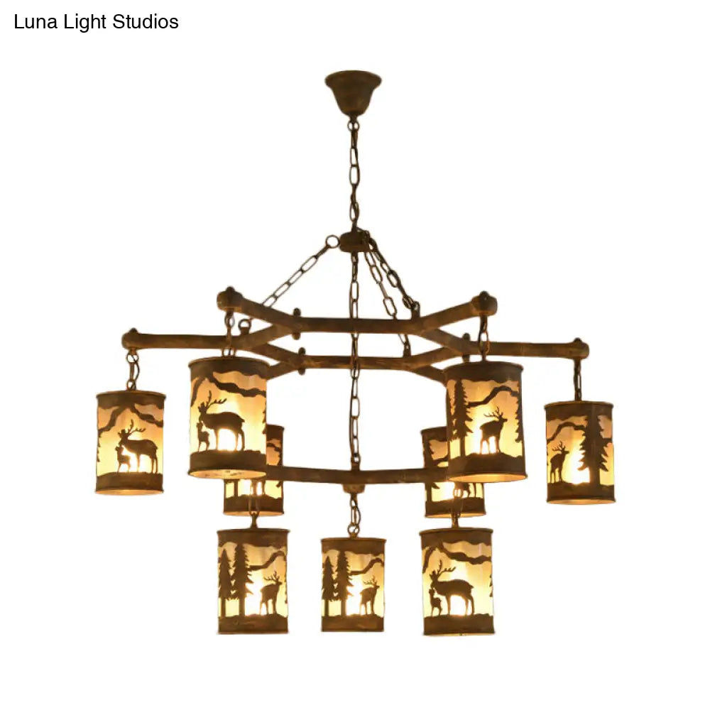 Rustic Metal And Fabric Chandelier Light With 3/6/9 Cylinder Lights Brown Pendant Lighting For