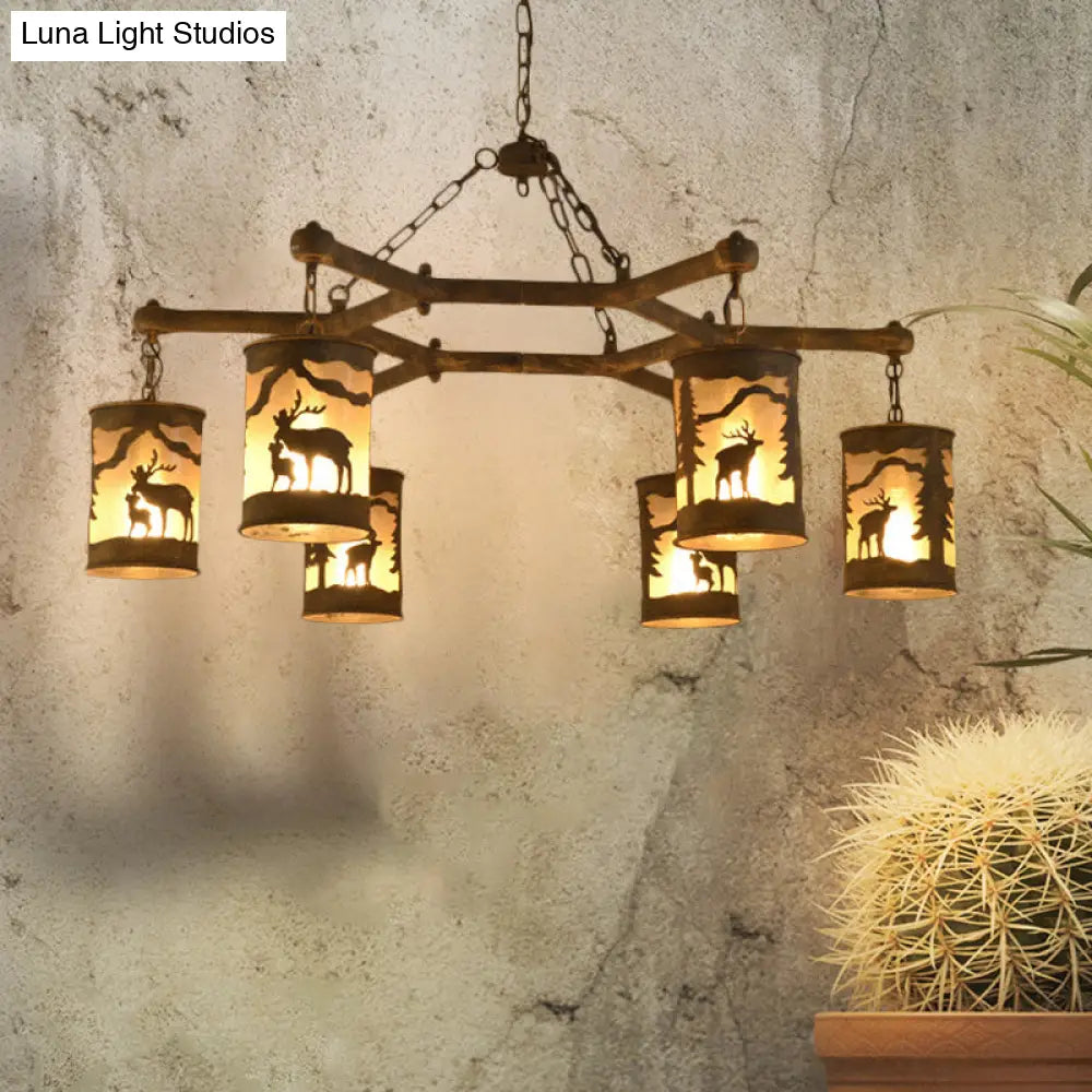 Rustic Metal And Fabric Chandelier Light With 3/6/9 Cylinder Lights Brown Pendant Lighting For