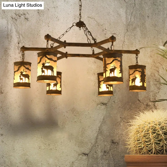 Rustic Metal And Fabric Chandelier Light With 3/6/9 Cylinder Lights Brown Pendant Lighting For