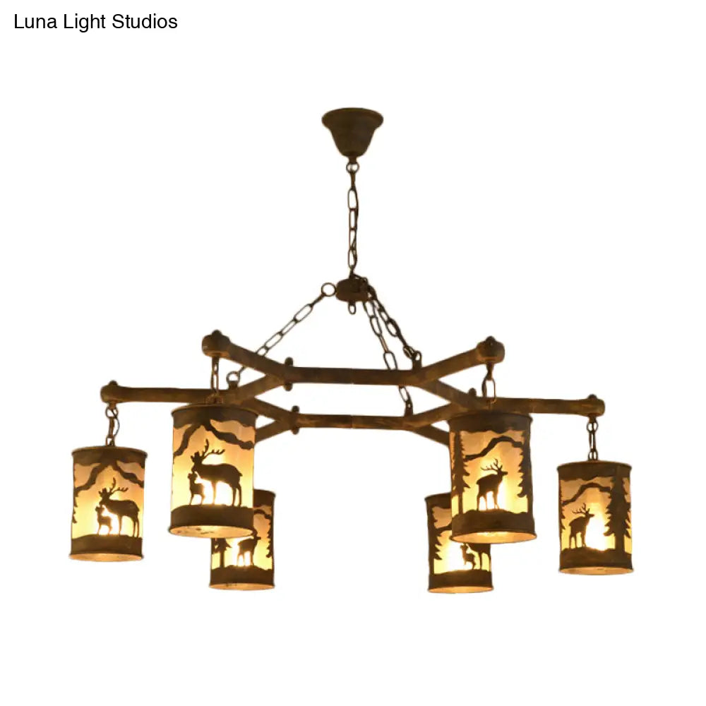 Rustic Metal And Fabric Chandelier Light With 3/6/9 Cylinder Lights Brown Pendant Lighting For