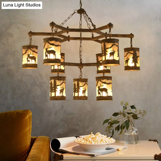 Rustic Metal And Fabric Chandelier Light With 3/6/9 Cylinder Lights Brown Pendant Lighting For