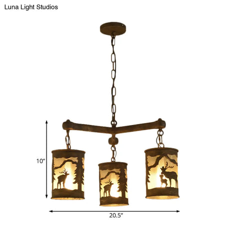 Rustic Metal And Fabric Chandelier Light With 3/6/9 Cylinder Lights Brown Pendant Lighting For