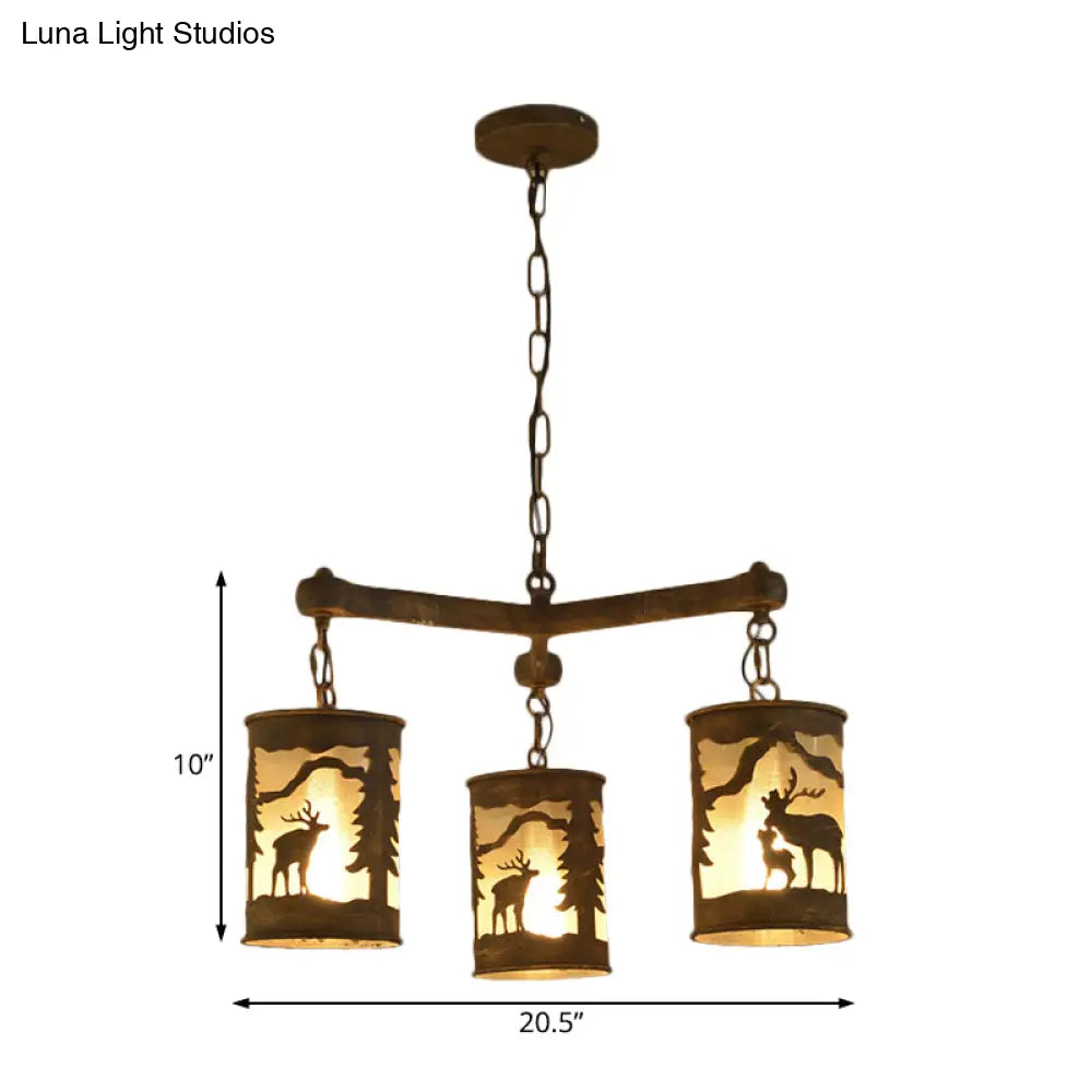 Rustic Metal And Fabric Chandelier Light With 3/6/9 Cylinder Lights Brown Pendant Lighting For
