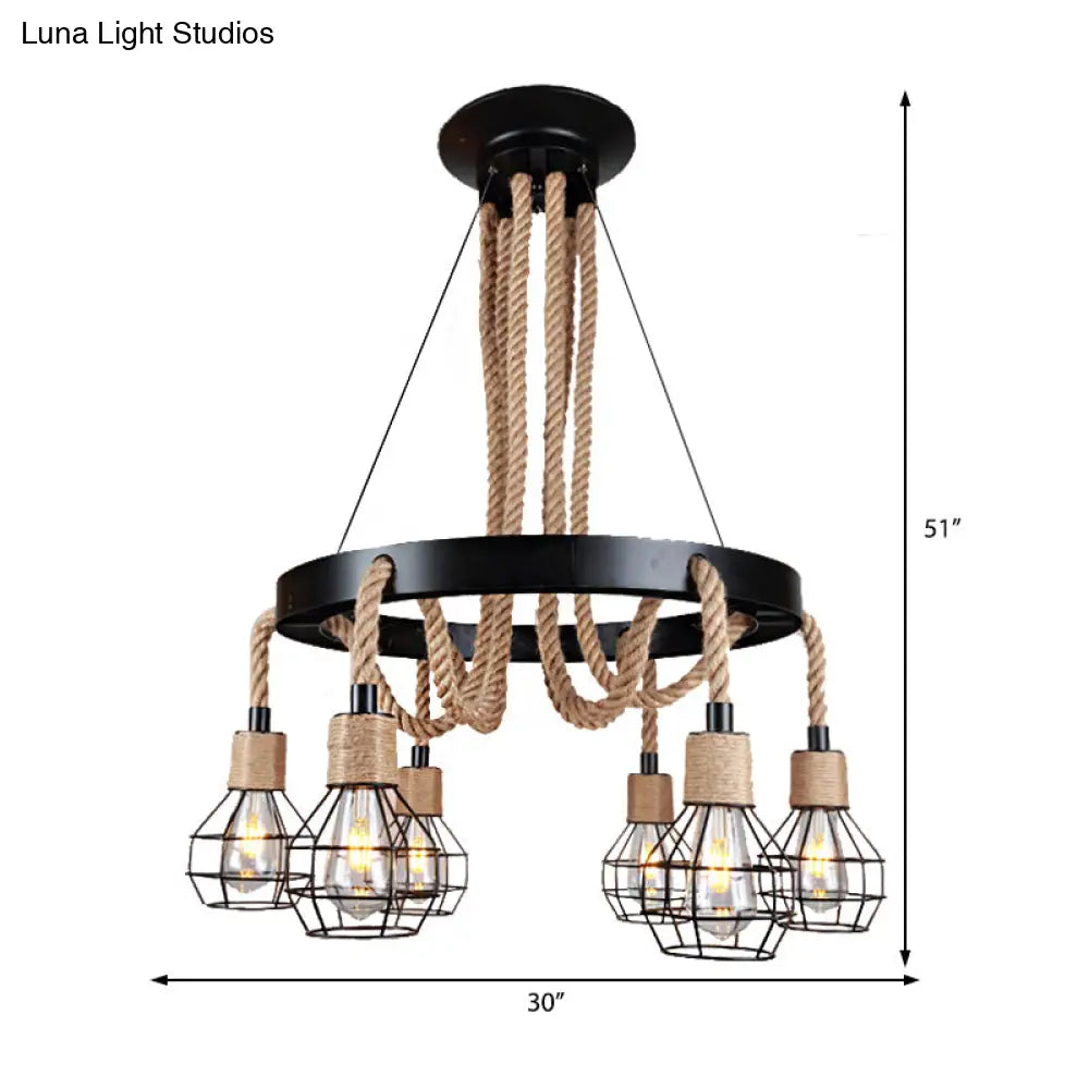 Rustic Metal And Rope Chandelier: Globe Pendant Lighting For Dining Room (6/8 Light) In Black With