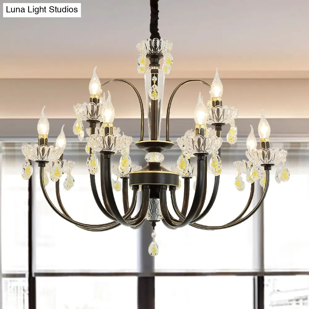 Rustic Metal Black Candle Chandelier: Elegant 12/15-Light Living Room Hanging Lamp With Crystal