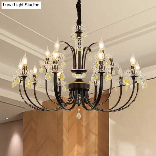 Rustic Metal Black Candle Chandelier: Elegant 12/15-Light Living Room Hanging Lamp With Crystal
