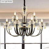 Rustic Metal Black Candle Chandelier: Elegant 12/15-Light Living Room Hanging Lamp With Crystal
