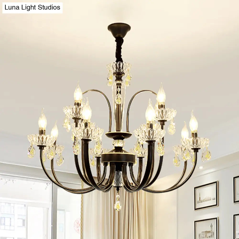 Rustic Metal Black Candle Chandelier: Elegant 12/15-Light Living Room Hanging Lamp With Crystal
