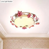 Rustic Metal Bowl Ceiling Lamp With Flower Decor - Flush Mount Light Fixture For Dining Room White