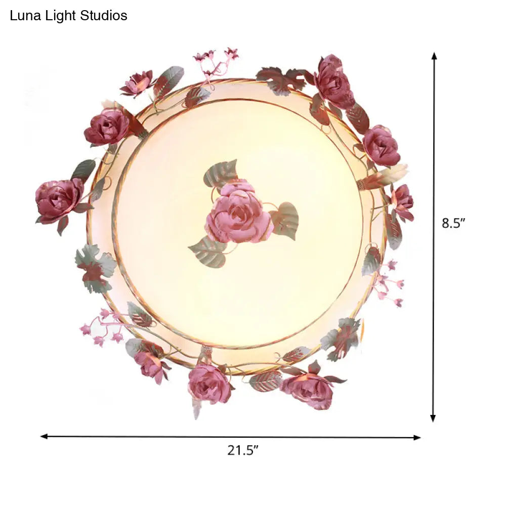 Rustic Metal Bowl Ceiling Lamp With Flower Decor - Flush Mount Light Fixture For Dining Room White