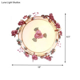 Rustic Metal Bowl Ceiling Lamp With Flower Decor - Flush Mount Light Fixture For Dining Room White