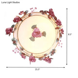 Rustic Metal Bowl Ceiling Lamp With Flower Decor - Flush Mount Light Fixture For Dining Room White