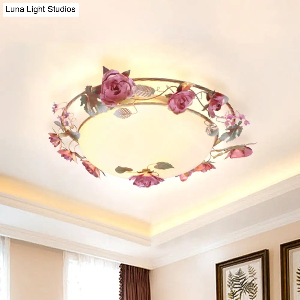 Rustic Metal Bowl Ceiling Lamp With Flower Decor - Flush Mount Light Fixture For Dining Room White