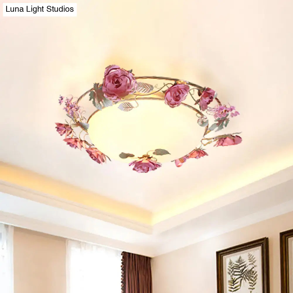 Rustic Metal Bowl Ceiling Lamp With Flower Decor - Flush Mount Light Fixture For Dining Room White