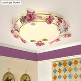 Rustic Metal Bowl Ceiling Lamp With Flower Decor - Flush Mount Light Fixture For Dining Room White