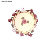 Rustic Metal Bowl Ceiling Lamp With Flower Decor - Flush Mount Light Fixture For Dining Room White