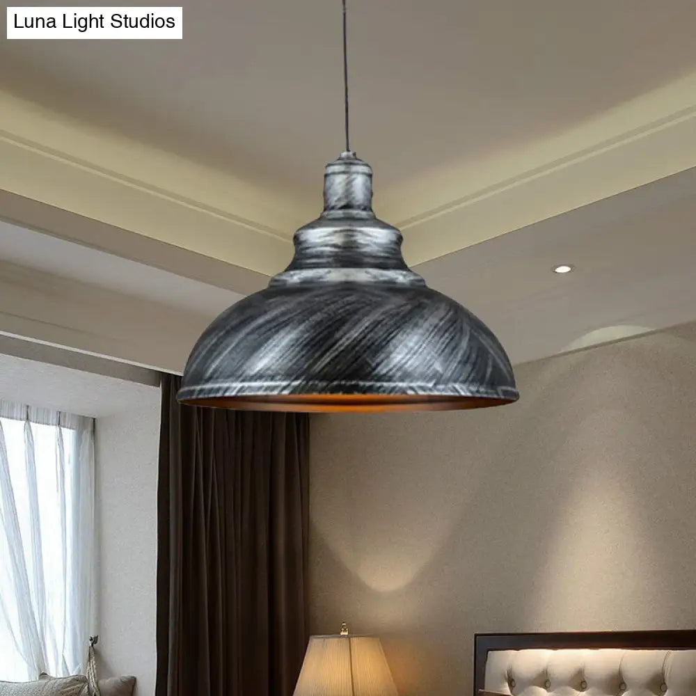 Rustic Metal Bowl Pendant Lamp With Pulley - Silver/Bronze Finish