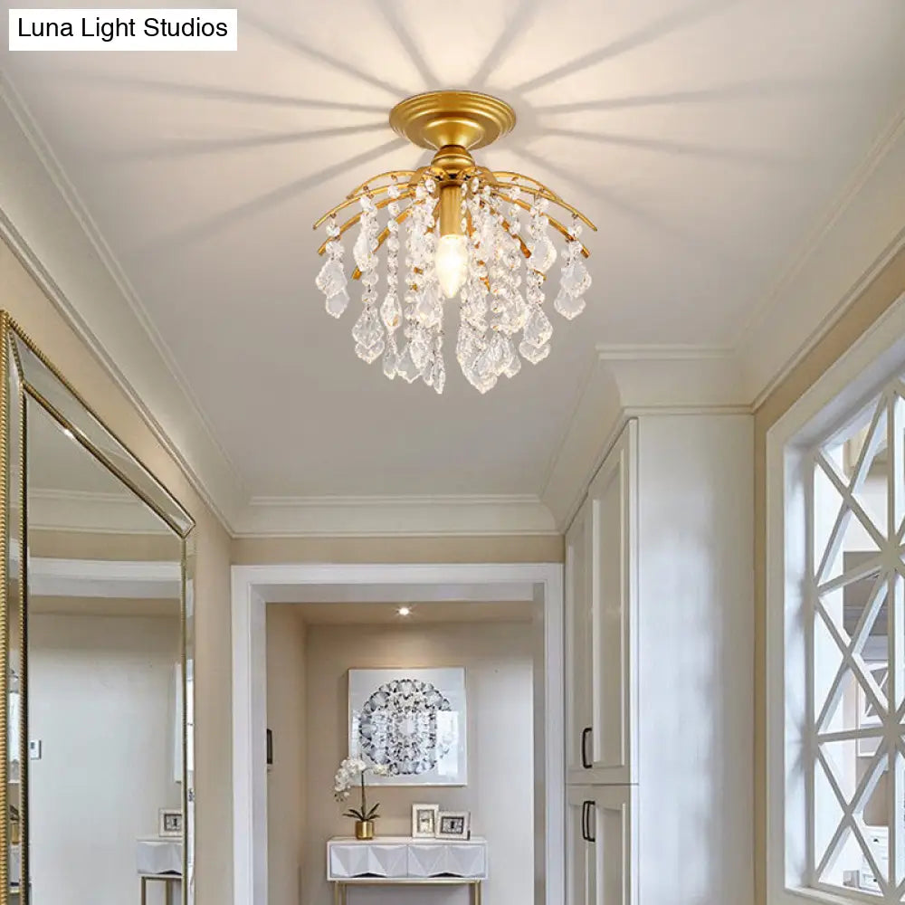 Rustic Metal Branch Semi Flush Mount Ceiling Light With Crystal Accent - 1 Head Hallway Lighting