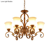 Rustic Metal Chandelier With Curved Arm 6 Bulbs Opal Glass Shade Ideal For Bedroom Ceiling