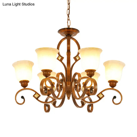 Rustic Metal Chandelier With Curved Arm 6 Bulbs Opal Glass Shade Ideal For Bedroom Ceiling