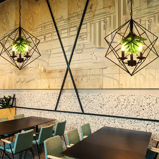 Rustic Metal Chandelier With Rhombus Cage 3 Lights Black Finish Green Leaf Deco – Perfect For