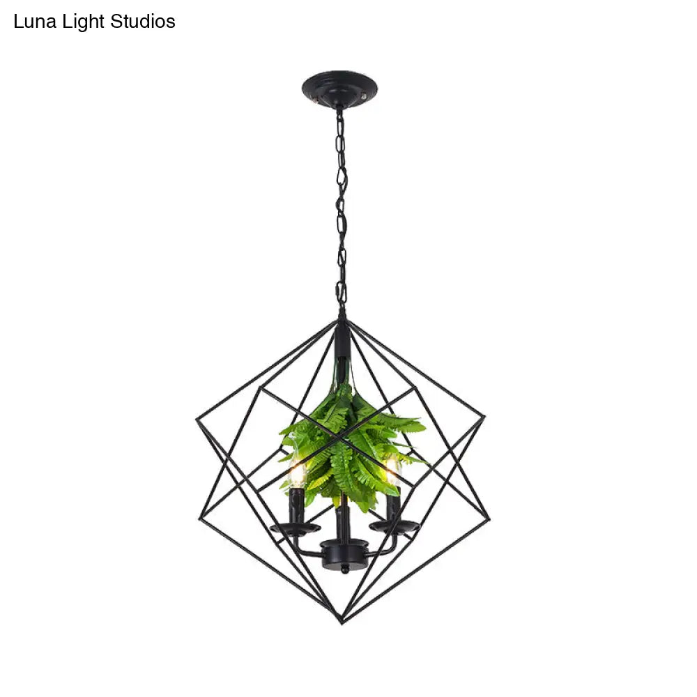 Rustic Metal Chandelier With Rhombus Cage 3 Lights Black Finish Green Leaf Deco – Perfect For