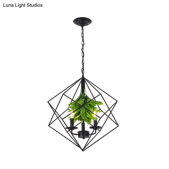 Rustic Metal Chandelier With Rhombus Cage 3 Lights Black Finish Green Leaf Deco – Perfect For