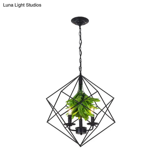 Rustic Metal Chandelier With Rhombus Cage 3 Lights Green Leaf Deco - Perfect For Restaurants