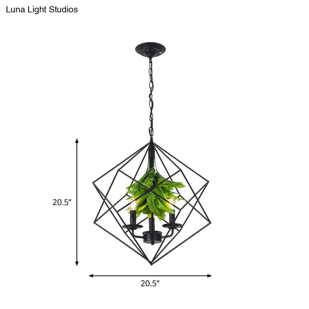 Rustic Metal Chandelier With Rhombus Cage 3 Lights Black Finish Green Leaf Deco – Perfect For