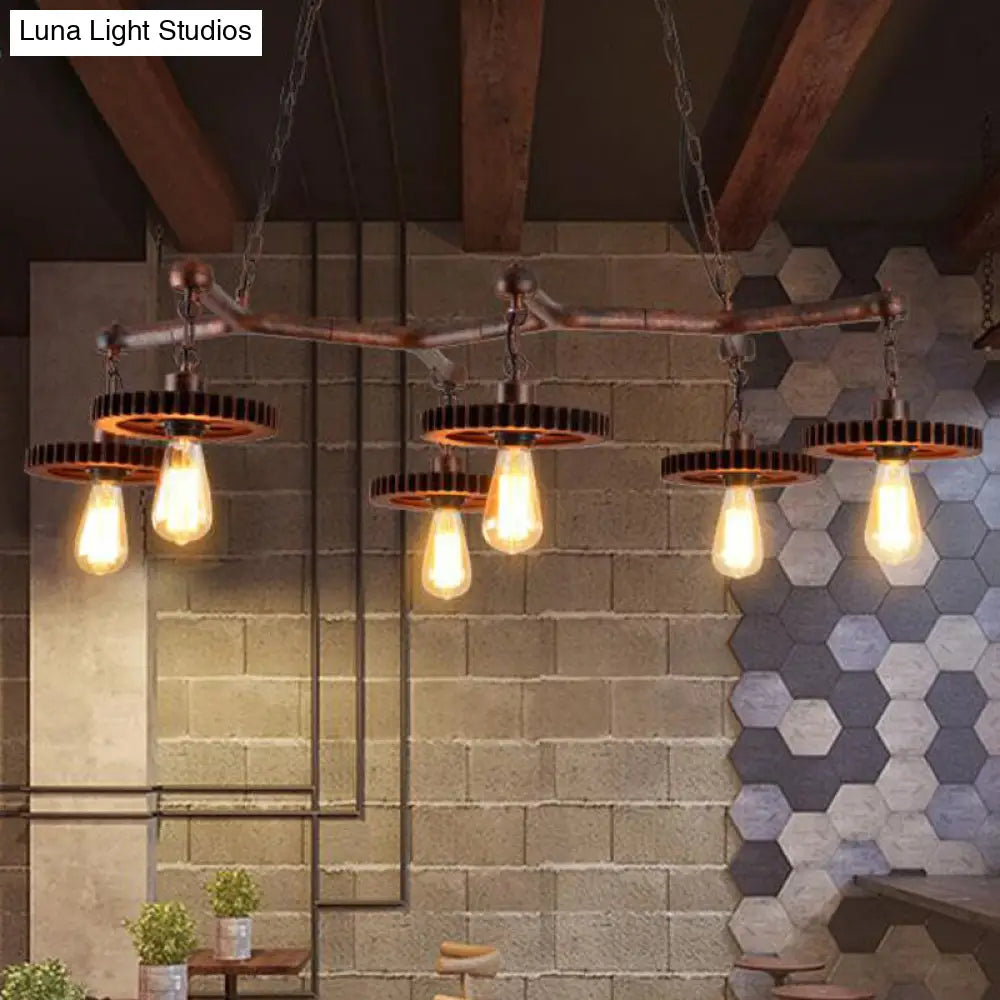 Rustic Metal Island Lamp With 6 Lights - Open Bulb Pendant Lighting For Dining Room Gear Deco