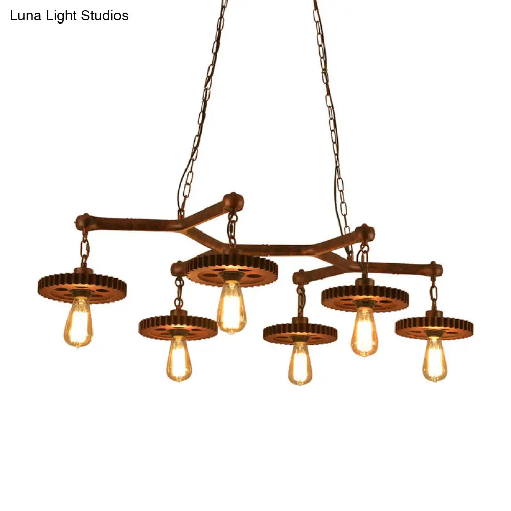 Rustic Metal Island Lamp With 6 Lights - Open Bulb Pendant Lighting For Dining Room Gear Deco