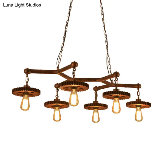 Rustic Metal Island Lamp With 6 Lights - Open Bulb Pendant Lighting For Dining Room Gear Deco