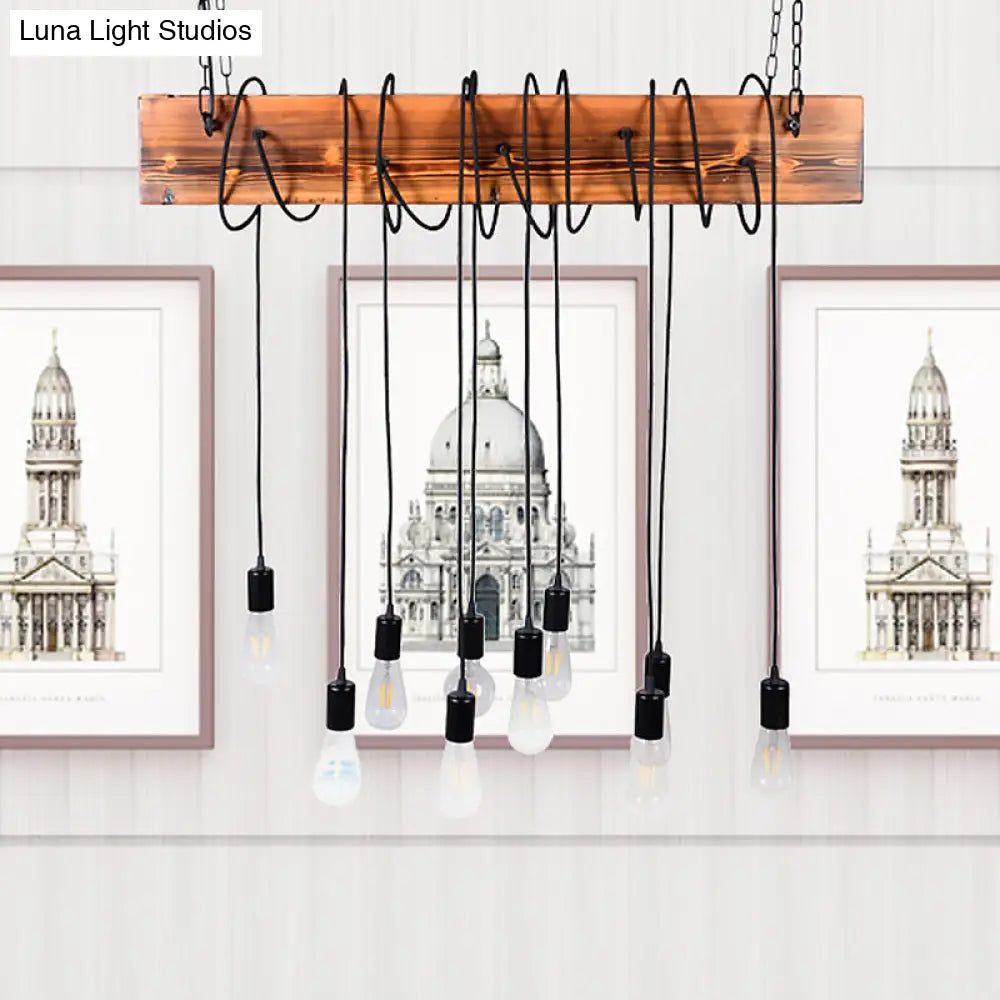 Rustic Metal Island Lighting With Wooden Beam - Multi Light Suspension Chandelier In Black/Antique