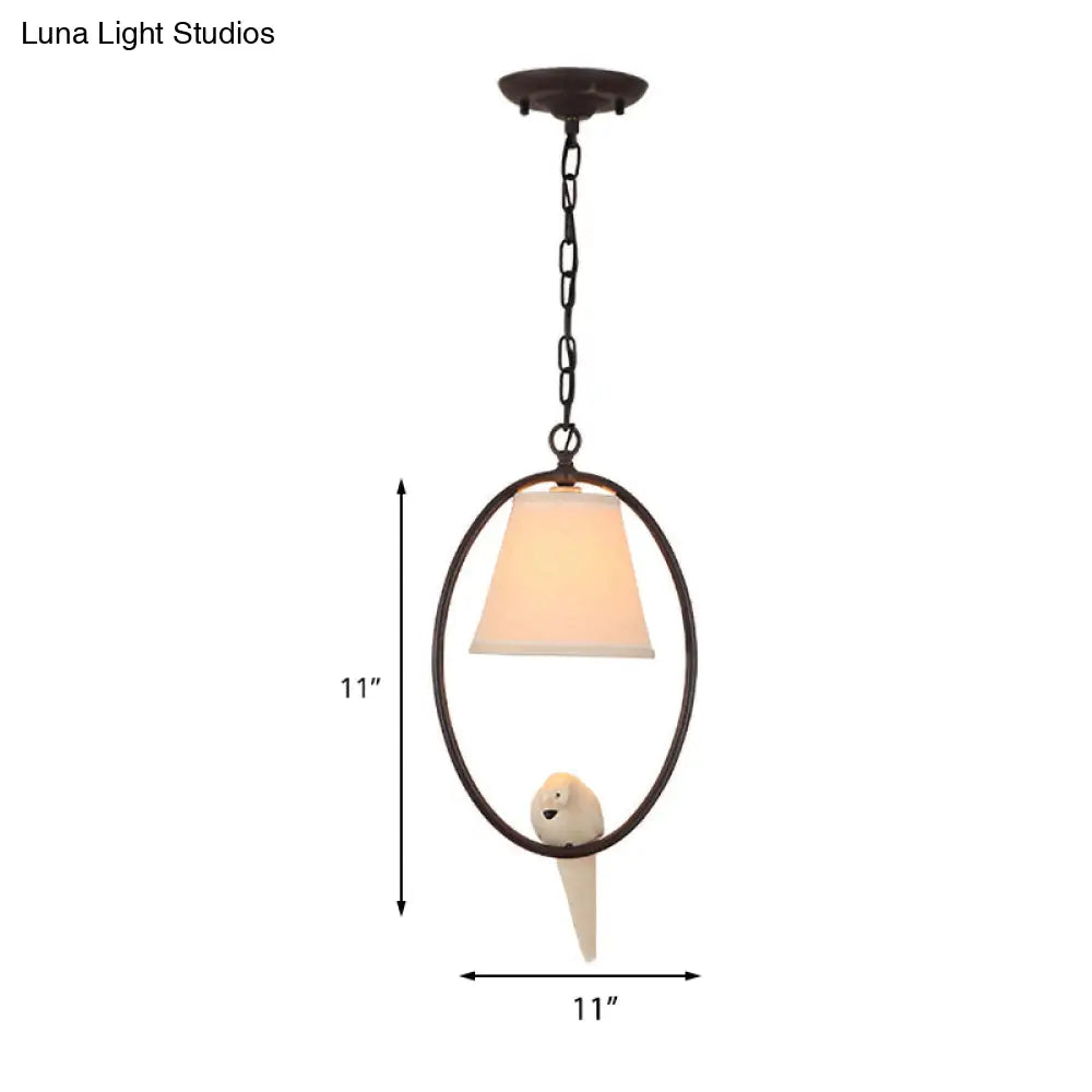Rustic Metal Oval Hanging Light With Bird & Shade - 1 Head Pendant For Balcony In Beige