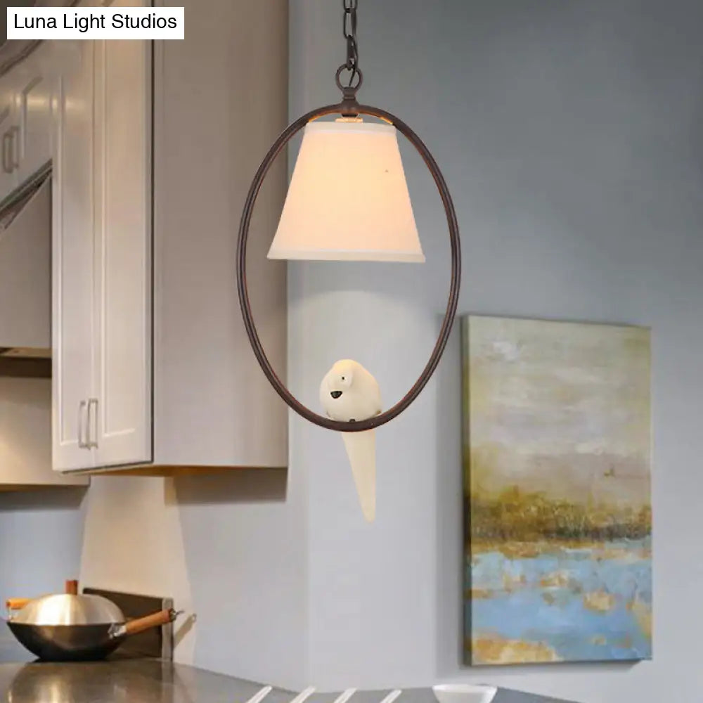 Rustic Metal Oval Hanging Light With Bird & Shade - 1 Head Pendant For Balcony In Beige