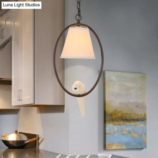 Rustic Metal Oval Hanging Light With Bird & Shade - 1 Head Pendant For Balcony In Beige