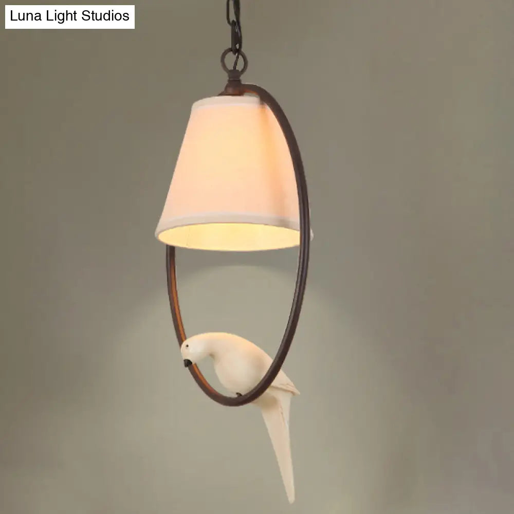 Rustic Metal Oval Hanging Light With Bird & Shade - 1 Head Pendant For Balcony In Beige