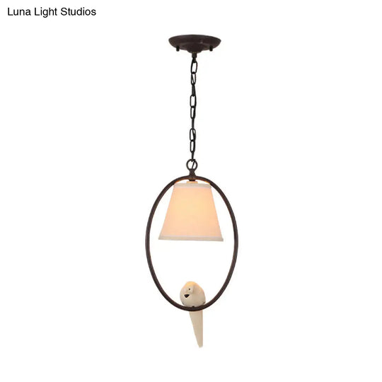 Rustic Metal Oval Hanging Light With Bird & Shade - 1 Head Pendant For Balcony In Beige