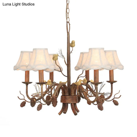Rustic Metal Pendant Chandelier - 6-Light Scalloped Design In White With Fabric Shade And Pinecone