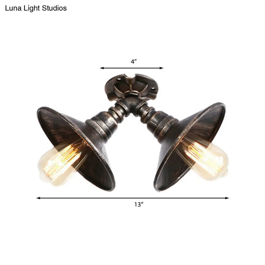Rustic Metal Shade Pendant Light With Flare: 2-Bulb Ceiling Fixture In Aged Silver/Bronze Finish