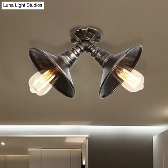 Rustic Metal Shade Pendant Light With Flare: 2-Bulb Ceiling Fixture In Aged Silver/Bronze Finish