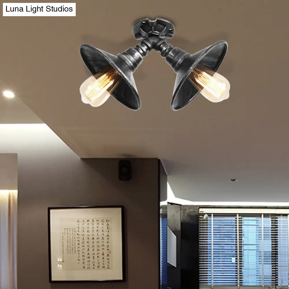 Rustic Metal Shade Pendant Light With Flare: 2-Bulb Ceiling Fixture In Aged Silver/Bronze Finish