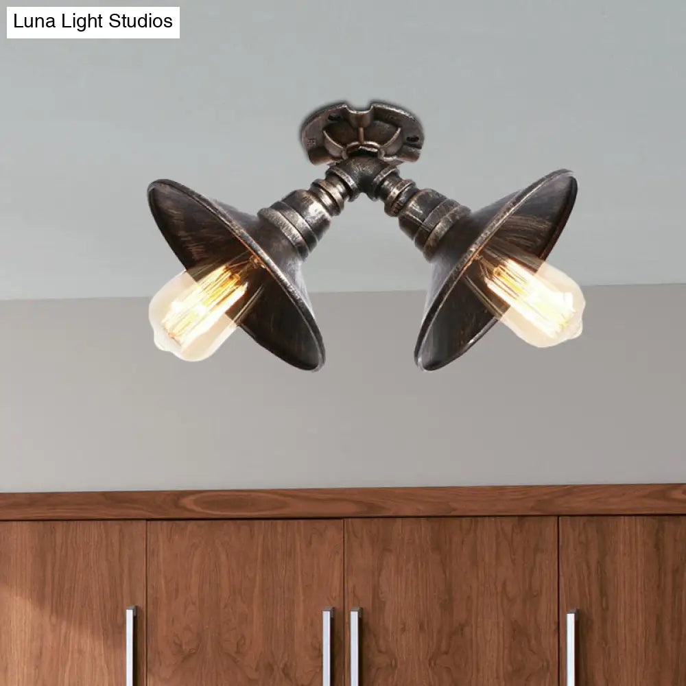 Rustic Metal Shade Pendant Light With Flare: 2-Bulb Ceiling Fixture In Aged Silver/Bronze Finish