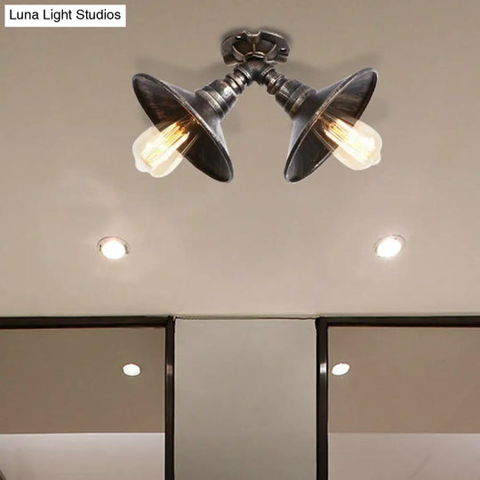 Rustic Metal Shade Pendant Light With Flare: 2-Bulb Ceiling Fixture In Aged Silver/Bronze Finish