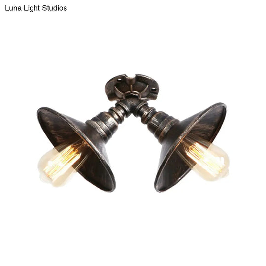 Rustic Metal Shade Pendant Light With Flare: 2-Bulb Ceiling Fixture In Aged Silver/Bronze Finish