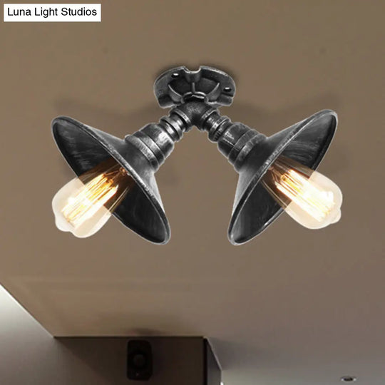 Rustic Metal Shade Pendant Light With Flare: 2-Bulb Ceiling Fixture In Aged Silver/Bronze Finish