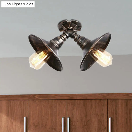 Rustic Metal Shade Pendant Light With Flare: 2-Bulb Ceiling Fixture In Aged Silver/Bronze Finish