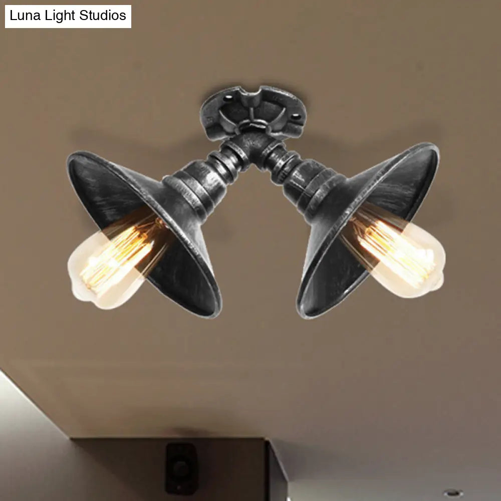 Rustic Metal Shade Pendant Light With Flare: 2-Bulb Ceiling Fixture In Aged Silver/Bronze Finish